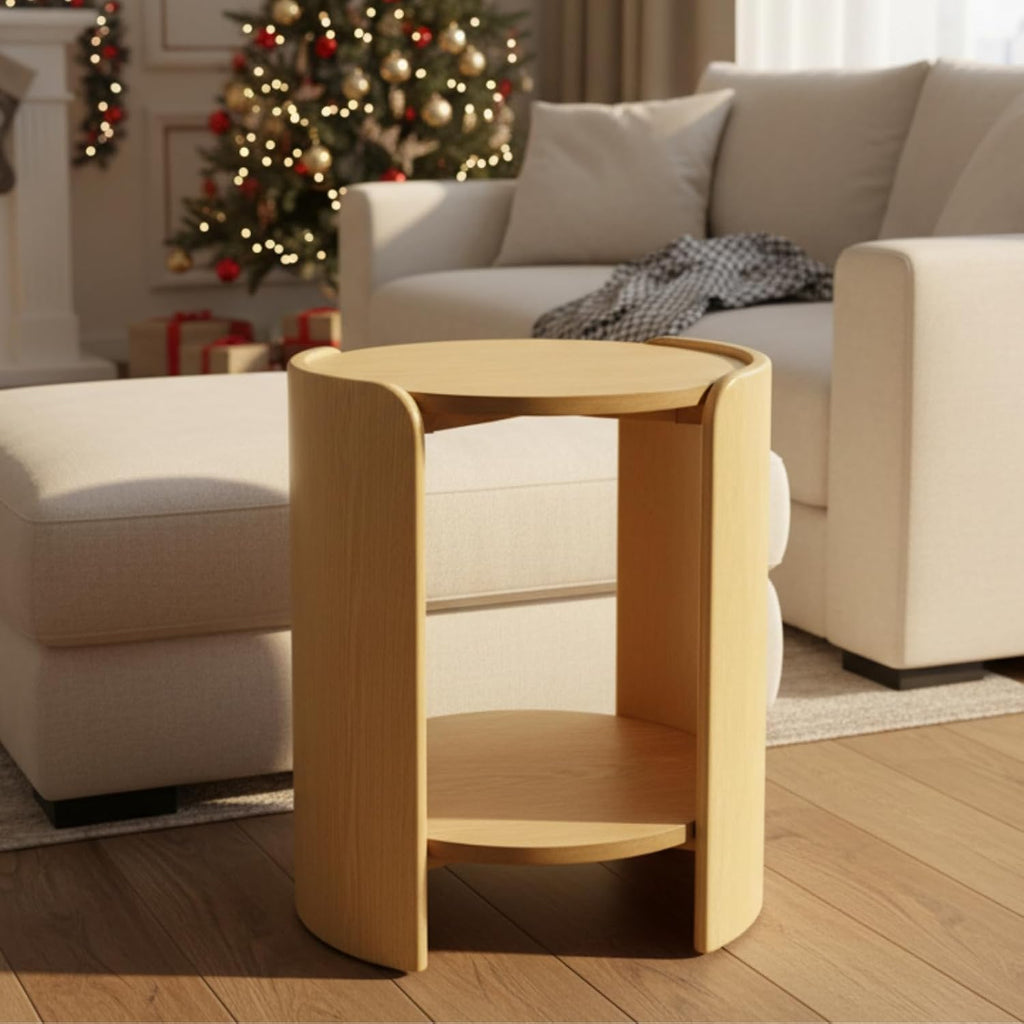 DUOMAY Wood Side Table, 15.5" Wide Round End Table with Storage Shelf Mid Century Modern Bedside Table for Living Room Apartment, Natural Oak Color