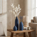 Blue Vase Set of 3, Navy Blue vase Trio Ceramic Bud Vases, Watertight Blue Ceramic vase Set with Non Slip Pads, Small Medium Tall Vases for Shelf Decor, Centerpieces