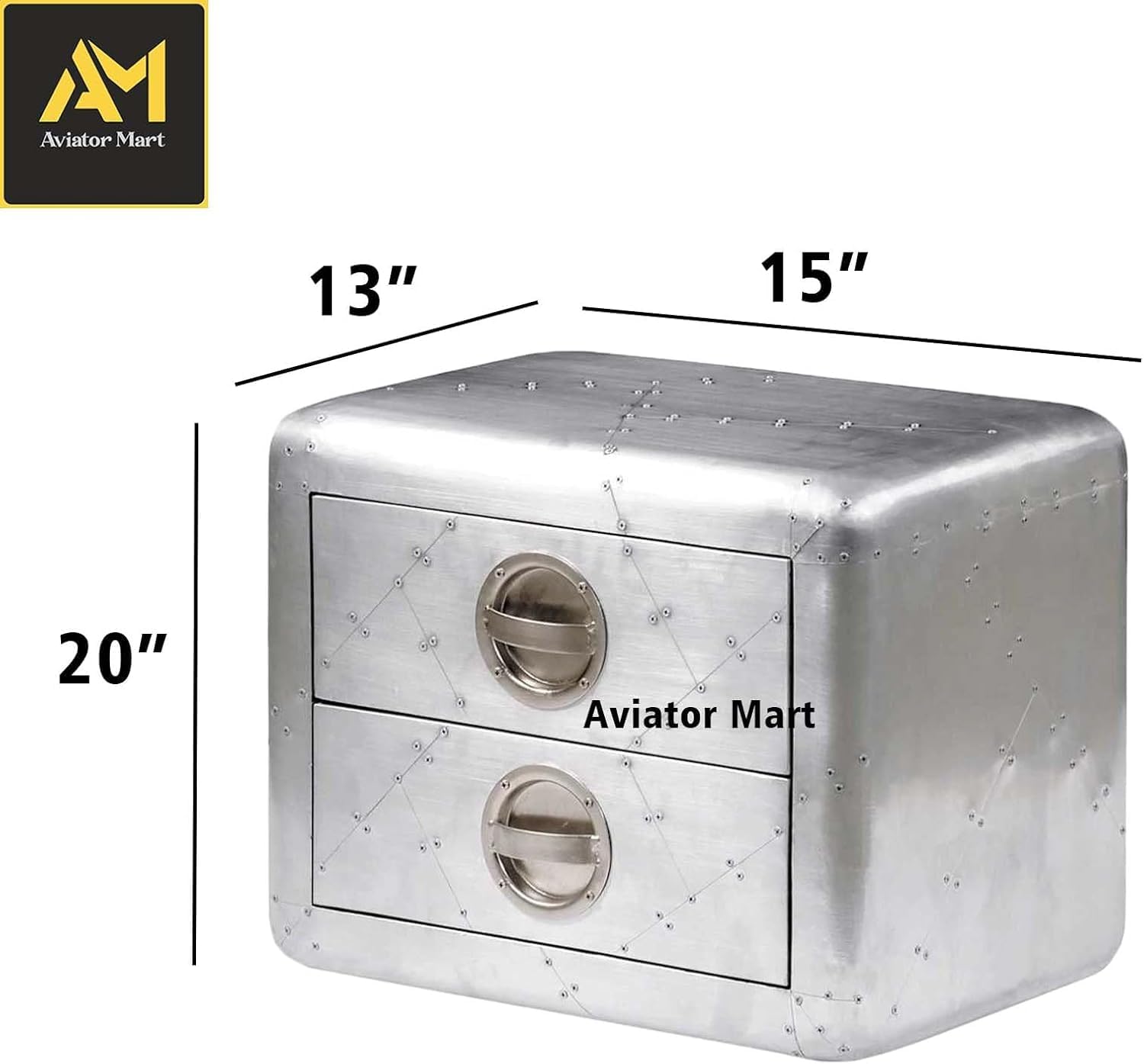Aviator Side Table with 2 Drawers, Aluminum Stool, Aviation Home Office Decor, Industrial Metal Furniture for Living Room, Bedroom, Office