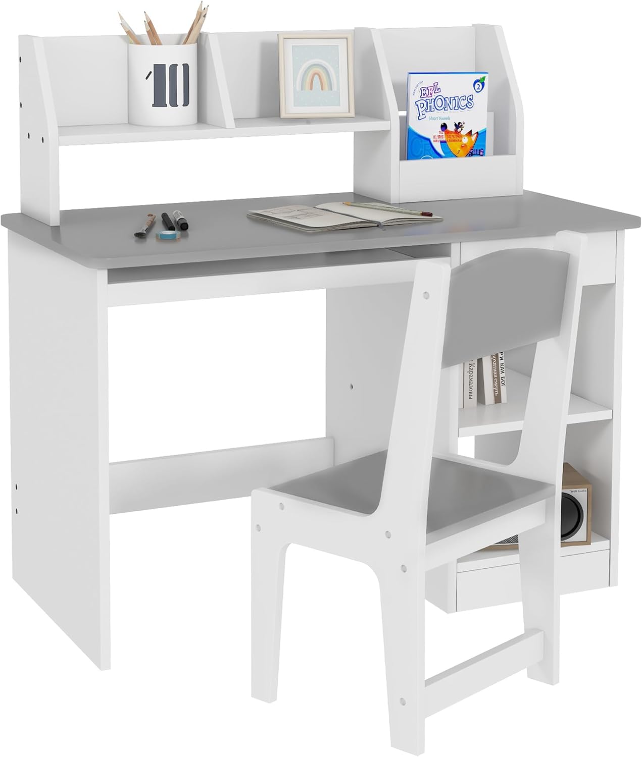 Qaba Kids Desk and Chair Set with Storage, Study Desk with Chair for Children 5-8 Years Old, Gray