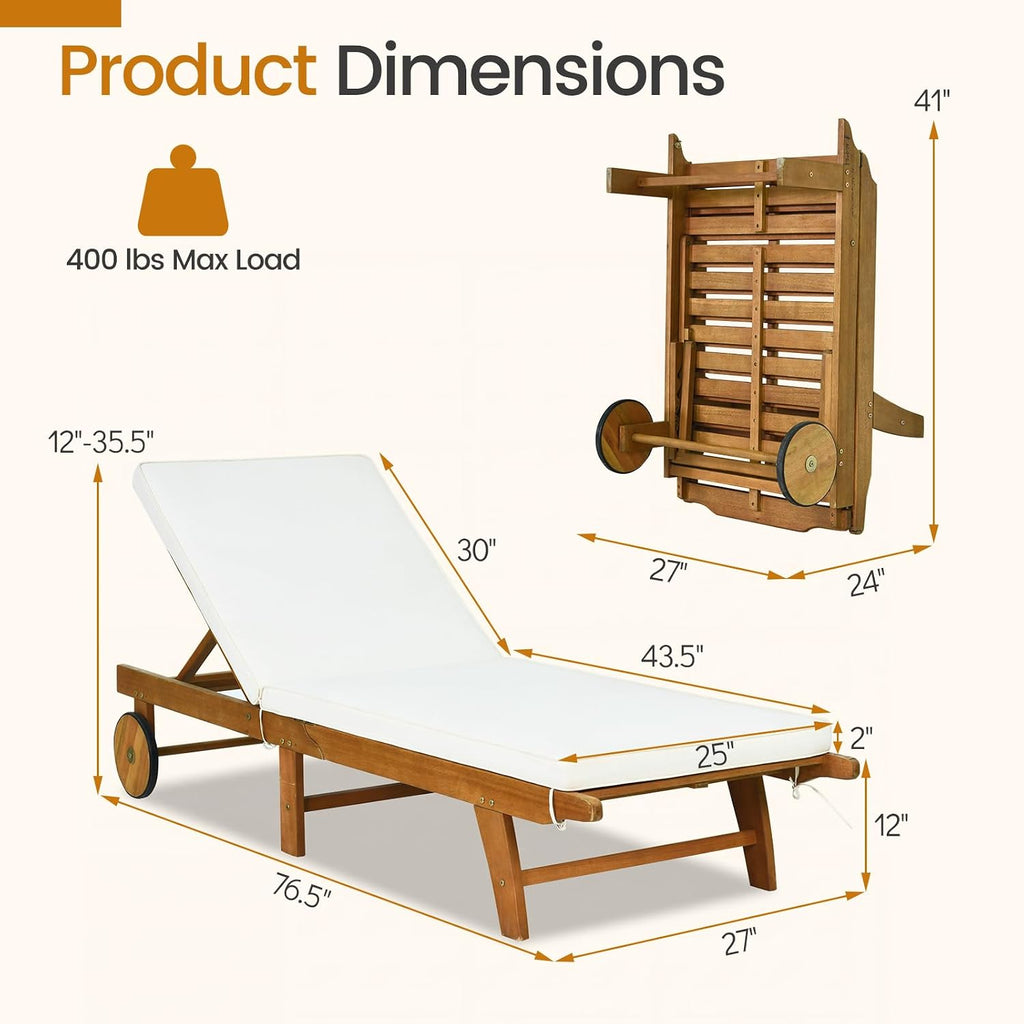 Tangkula Folding Lounge Chairs Outdoor Set of 2, Patio Eucalyptus Wood Chaise Lounge with 5-Level Adjustable Backrest & Cushions, Portable Beach Pool Sunbathing Recliner with Wheels for Outside