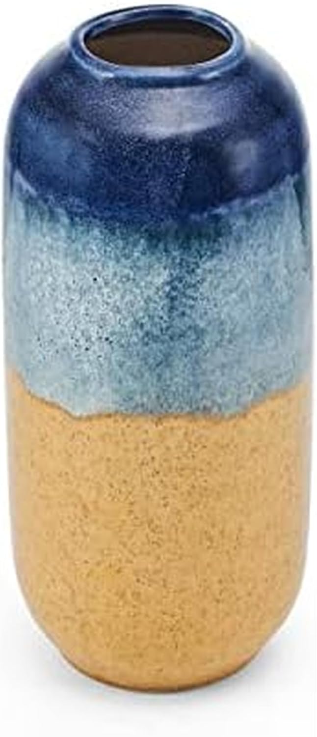 Elements Blue and Tan Ceramic Vase - 5.5x12 Inch Tall Two-Tone Coastal Decorative Vase for Home Decor, Flowers, Faux Plants, and Tabletop Display