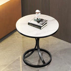 Beautyverve Rock Plate Coffee Tables for Living Room, Modern Small Round Side Table with Marble Top, Outdoor End Table for Patio Bedroom Room, Corner Desk (Snow Mountain White, 19.7 inch, Black)