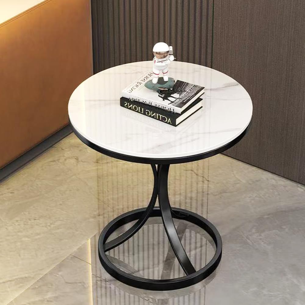 Beautyverve Rock Plate Coffee Tables for Living Room, Modern Small Round Side Table with Marble Top, Outdoor End Table for Patio Bedroom Room, Corner Desk (Snow Mountain White, 19.7 inch, Black)