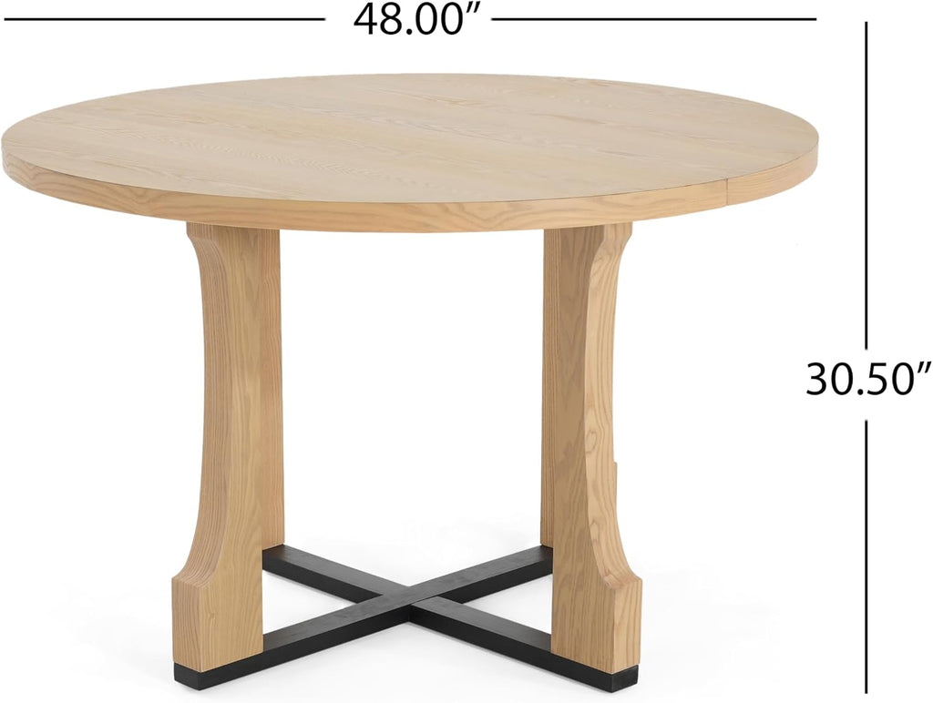 48" Small Round Dining Table with Wood Legs and Metal Cross Base, Natural Ash Solid Wood Kitchen Dinner Table for 2-4 Person, Easy Assembly, Without Chairs