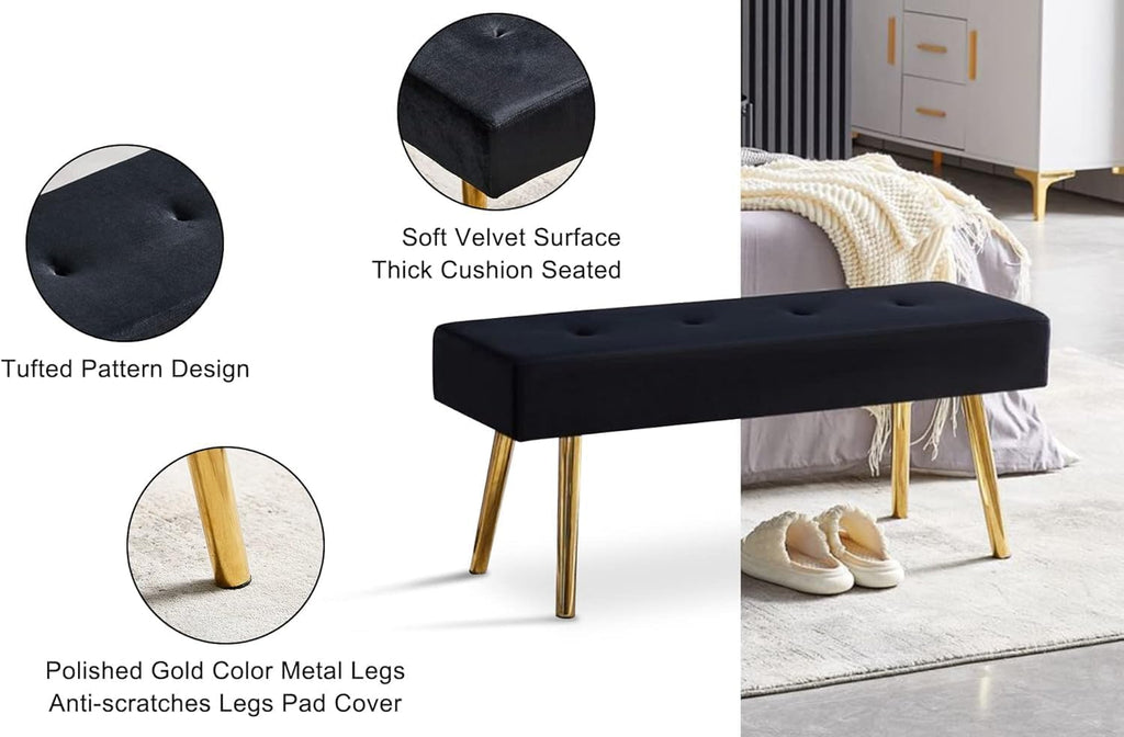Upholstered Bench for Bedroom End of Bed, 40-inch Entryway Bench for Living Room, Dining Bench with Padded Seat and Metal Legs for Kitchen Bedroom,Indoor and Hallway (Black Velvet Bench)