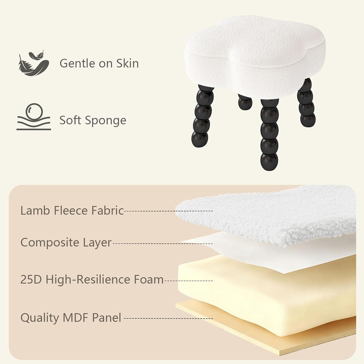 White Ottoman, Small Footrest with Storage Space, Unique Shaped Ottoman with Wood Legs，Faux Teddy Fur(Clover-White)