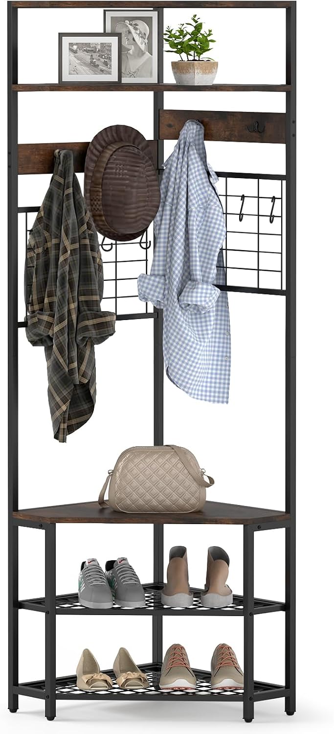 Giantex Corner Hall Tree, 73" Tall Coat Rack w/Shoe Storage Bench, 12 Metal Hooks, 5-Tier Entryway Shoes Shelf Organizer, Freestanding Clothes Rack for Living Room, Bedroom (Rustic Brown & Black)