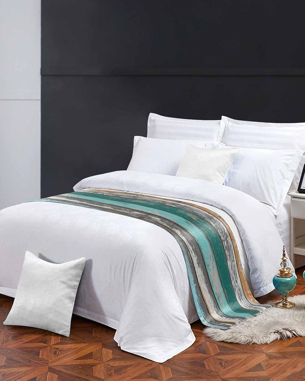 Teal Orange Grey Bed Runners for Queen Size Beds, Decorative Bed Throws for Foot of Beds, Luxury Bedding Protector Slipcover Farmhouse Vintage Wooden Bedrunners & Scarves for Bedroom Hotel, 94"x20"