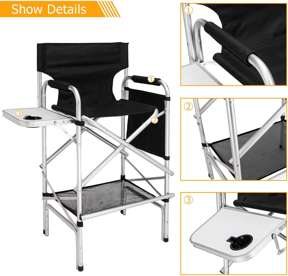 mefeir 31" Tall Folding Directors Chair with Side Table Storage Bag,Portable Makeup Artist Bar Height, Aluminum Frame 300 lbs Capacity, 19.2" D x 23.6" W x 45.6" H