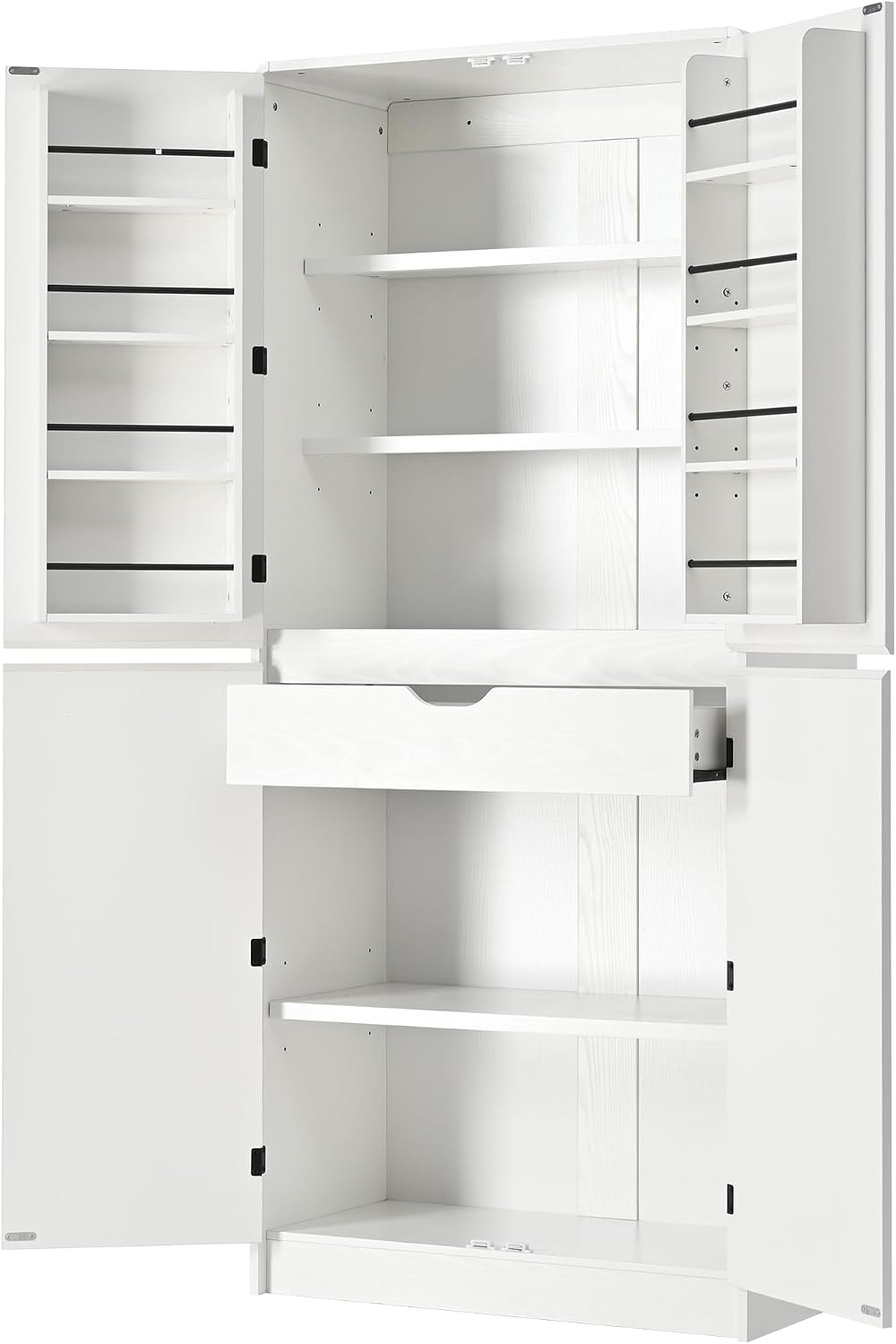 Farmhouse Kitchen Pantry Cabinet with 8 Door Shelves, Curved Tall Storage Cabinet with Adjustable Shelves and Hidden Drawer, Wood Cupboard for Kitchen, Dining Room, Bathroom (White)
