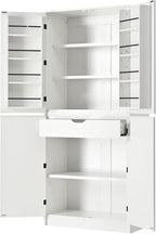 Farmhouse Kitchen Pantry Cabinet with 8 Door Shelves, Curved Tall Storage Cabinet with Adjustable Shelves and Hidden Drawer, Wood Cupboard for Kitchen, Dining Room, Bathroom (White)