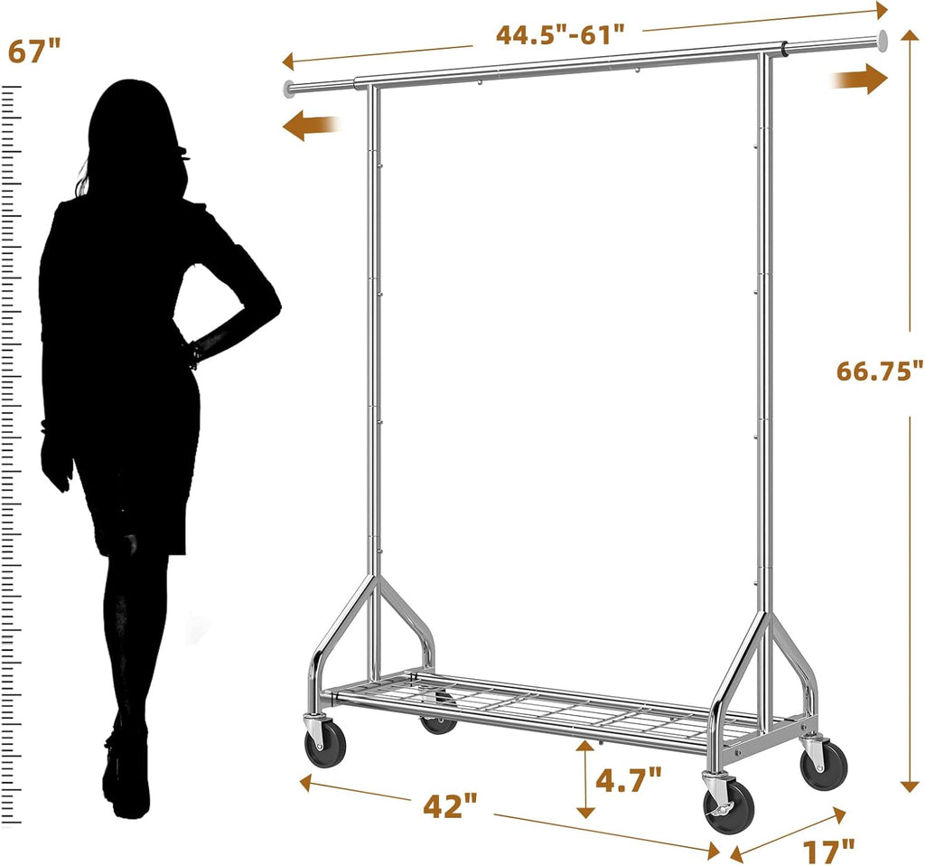 Simple Trending Heavy Duty Clothes Rack Load 450 LBS, Clothing Rack for Hanging Clothes, Garment Rack with Wheels & Shelves, for the Bedroom, Laundry Room