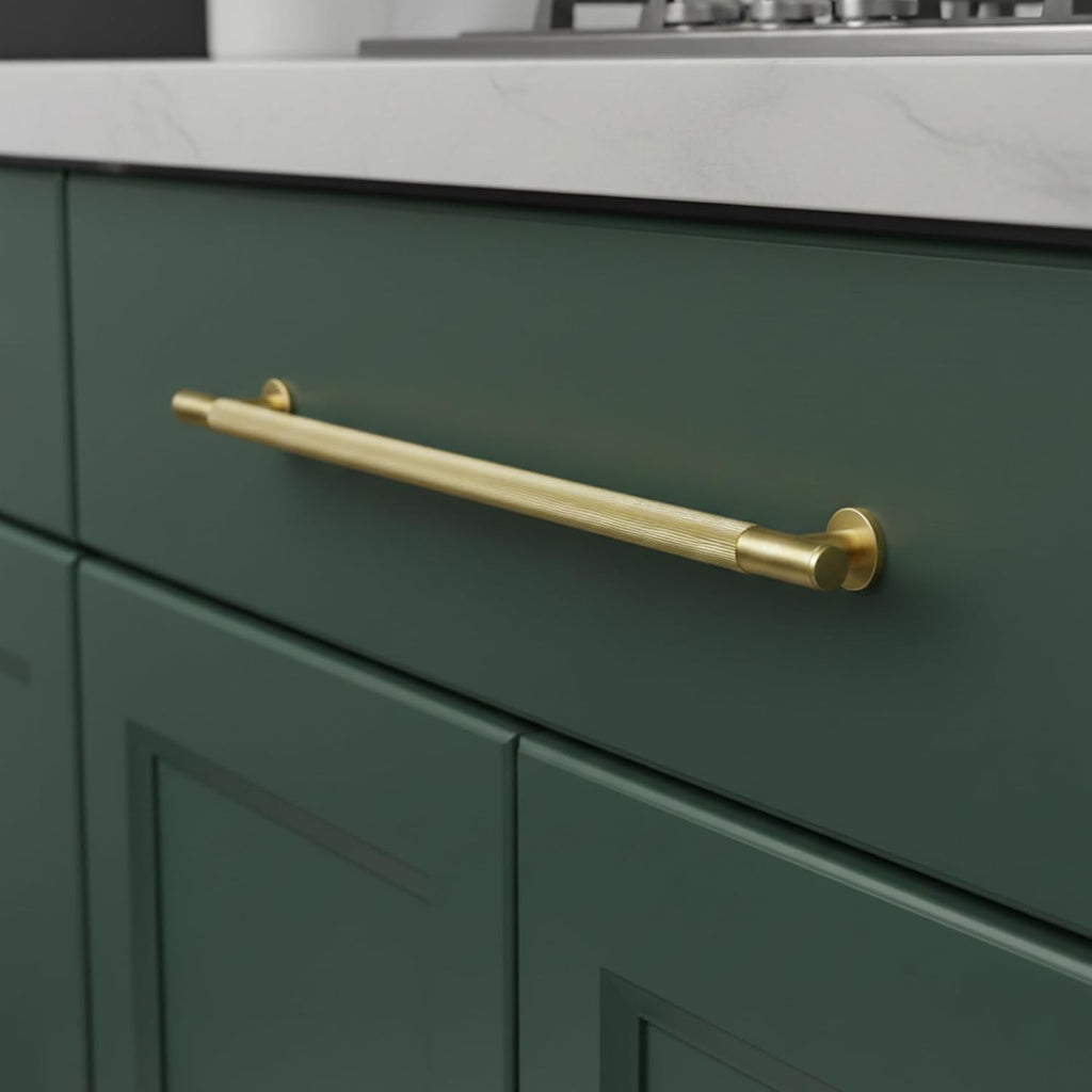 QOGRISUN 1-Pack Solid Brass Appliance Handle Pull, 18 Inch (457mm) Hole Center Grooved Gold Cabinet Pull,Heavy Duty Brushed Brass Drawer Handle for Kitchen Cabinets, Cupboard, Dresser– Eleganza