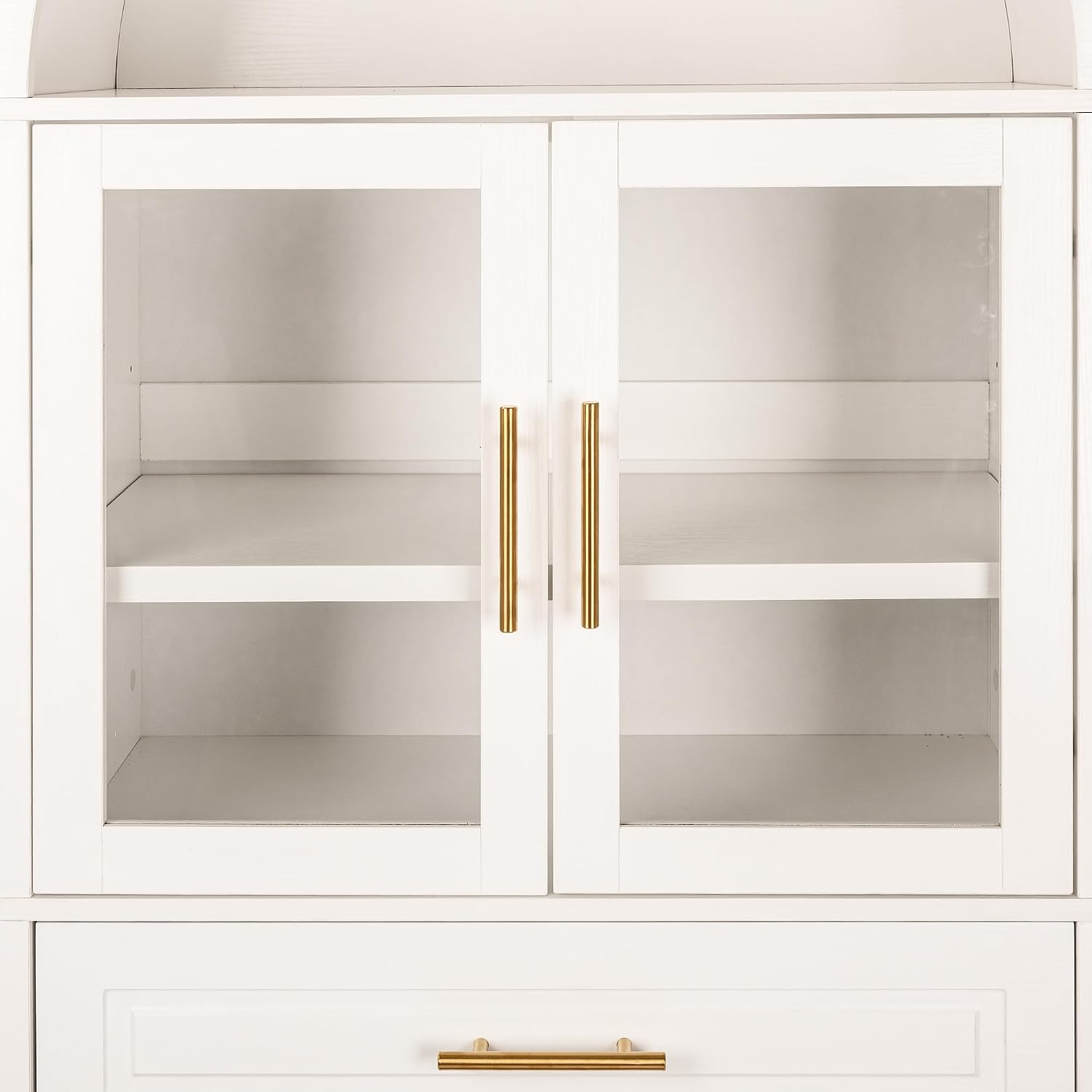 71" Tall Arched Farmhouse Pantry Cabinet with Glass Barn Door, Adjustable Shelves & Storage Racks, Rustic Freestanding Kitchen Cabinet for Living Room, Dining Room, Entryway, White