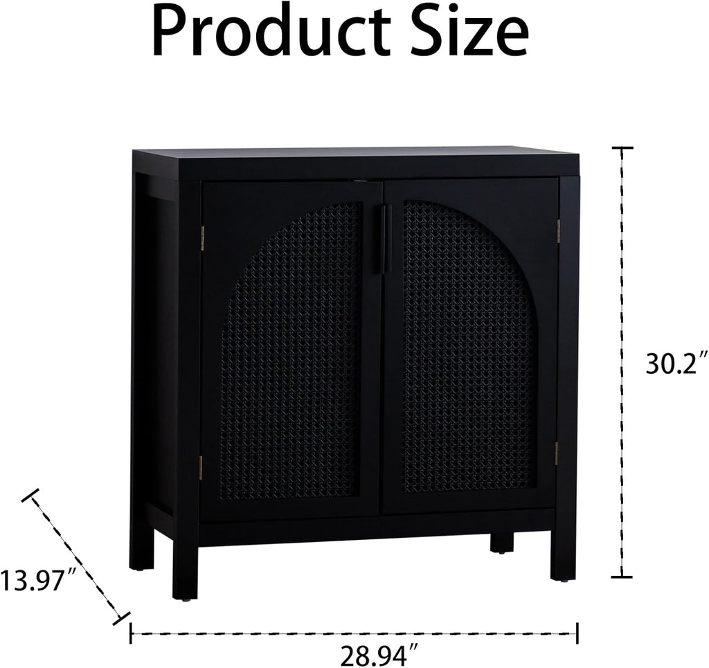 Black 28.94“W Buffet Cabinet with Storage, Accent Sideboard with Rattan Doors, Coffee Bar Table Credenza, Console Table with Adjustable Shelves for Dining Room, Kitchen and Hallway