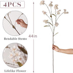 44" Artificial Cherry Blossom Branches for Vase - 4 PCS Faux Long Cherry Blossom Stems, Lifelike Fake Silk Flowers for DIY Arrangements, Table Centerpiece, Office, Home, Farmhouse Decorations (Cream)