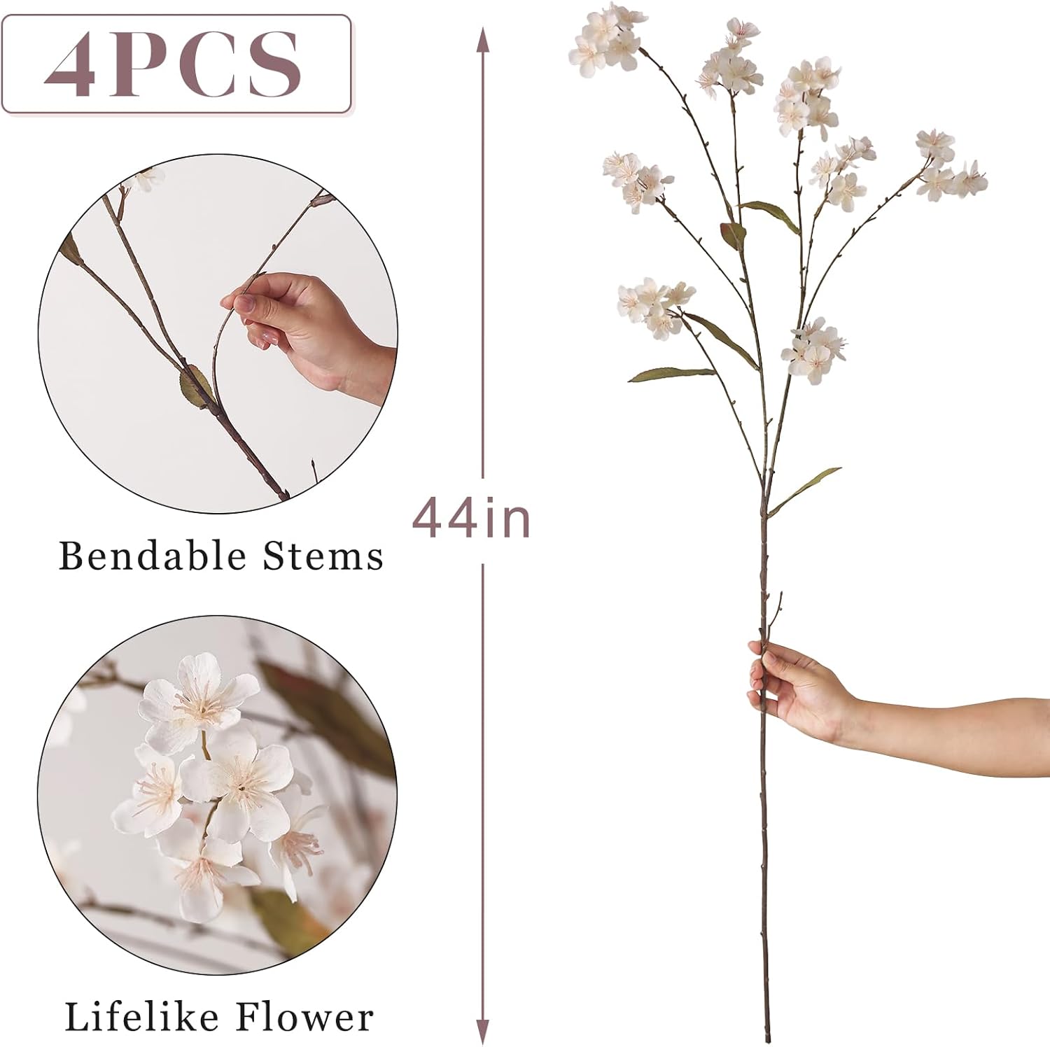 44" Artificial Cherry Blossom Branches for Vase - 4 PCS Faux Long Cherry Blossom Stems, Lifelike Fake Silk Flowers for DIY Arrangements, Table Centerpiece, Office, Home, Farmhouse Decorations (Cream)