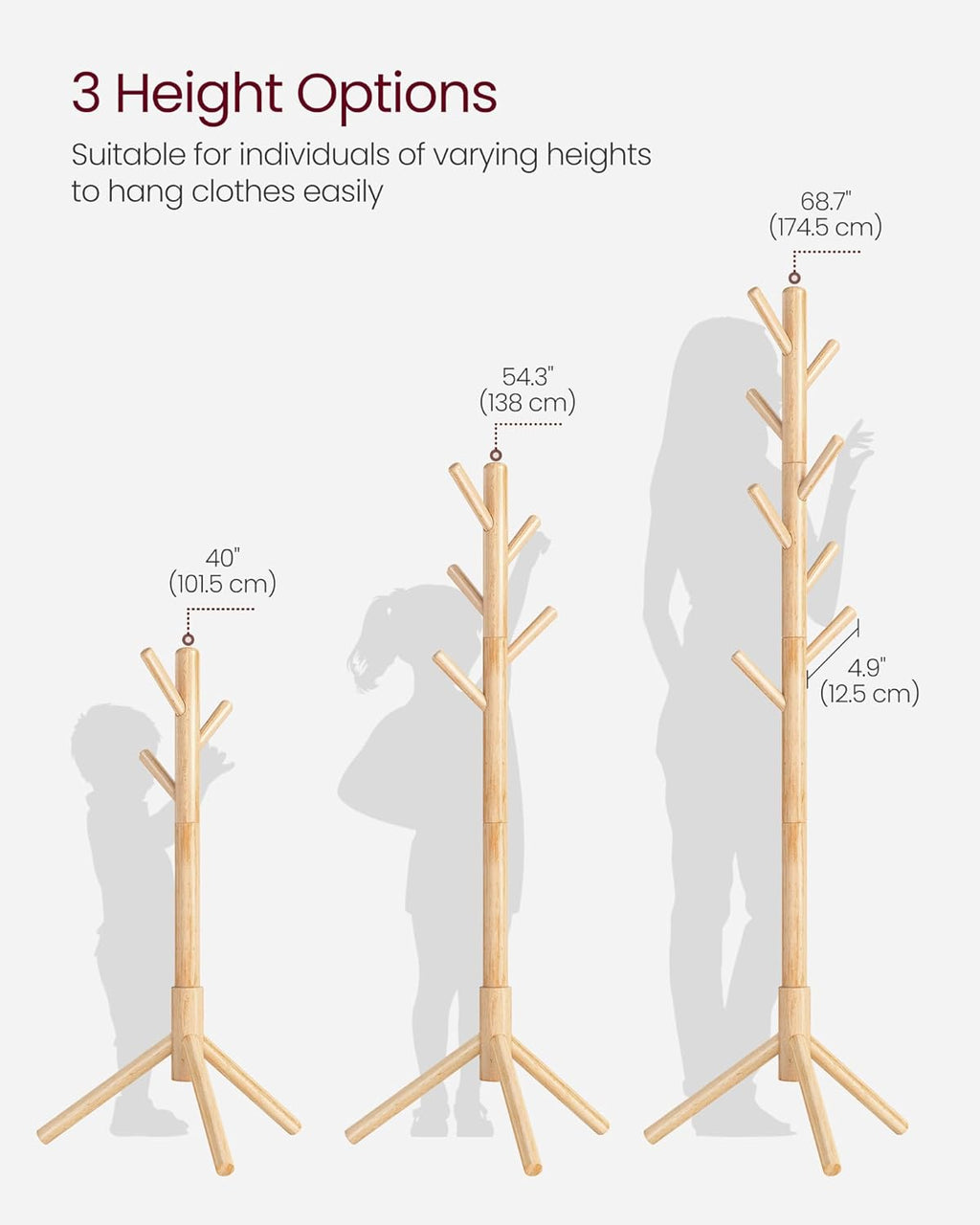 VASAGLE Solid Wood Coat Rack, Free Standing Tree-Shaped Coat Rack with 8 Hooks, 3 Height Options, for Clothes, Hats, Bags, Living Room, Bedroom, Home Office, Natural Beige URCR004N01