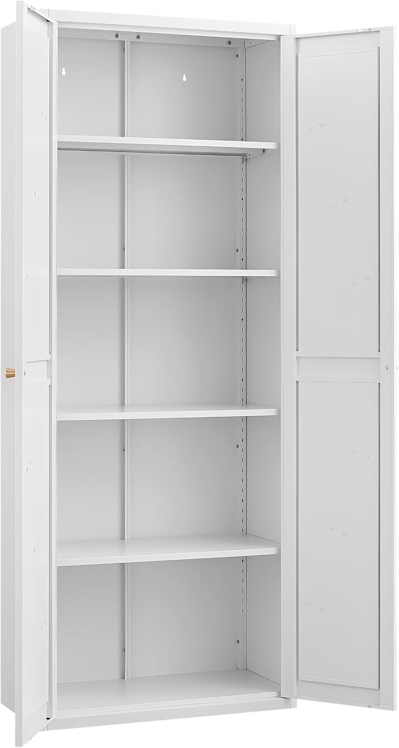 Kitchen Pantry Cabinet: Rustic White Steel Storage with Adjustable Shelves - Double Door Design for Small Apartments Kitchen Organization & Home Storage Solutions