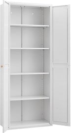 Kitchen Pantry Cabinet: Rustic White Steel Storage with Adjustable Shelves - Double Door Design for Small Apartments Kitchen Organization & Home Storage Solutions