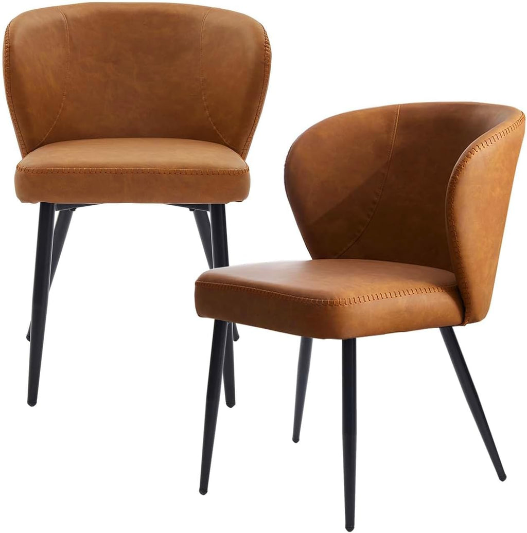 Dining Chairs Set of 2, Mid Century Modern Kitchen Chairs with Leather Cushion & Metal Legs, Upholstered Dining Room Chair with Curved Backrest for Home Kitchen, Brown