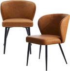 Dining Chairs Set of 2, Mid Century Modern Kitchen Chairs with Leather Cushion & Metal Legs, Upholstered Dining Room Chair with Curved Backrest for Home Kitchen, Brown