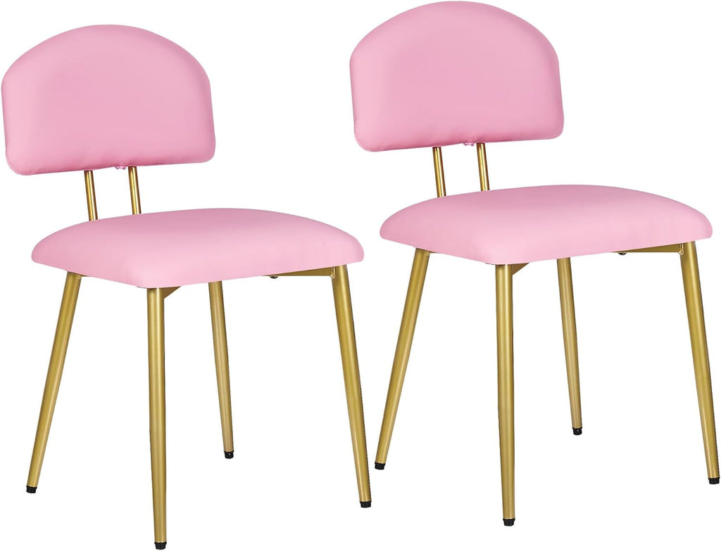 VECELO Dining Chairs Set of 2, Upholstered Kitchen Chairs with Extra Thick Cushion & Sturdy Metal Frame, Faux Leather Chairs for Vanity, Kitchen, Living Room, Pink