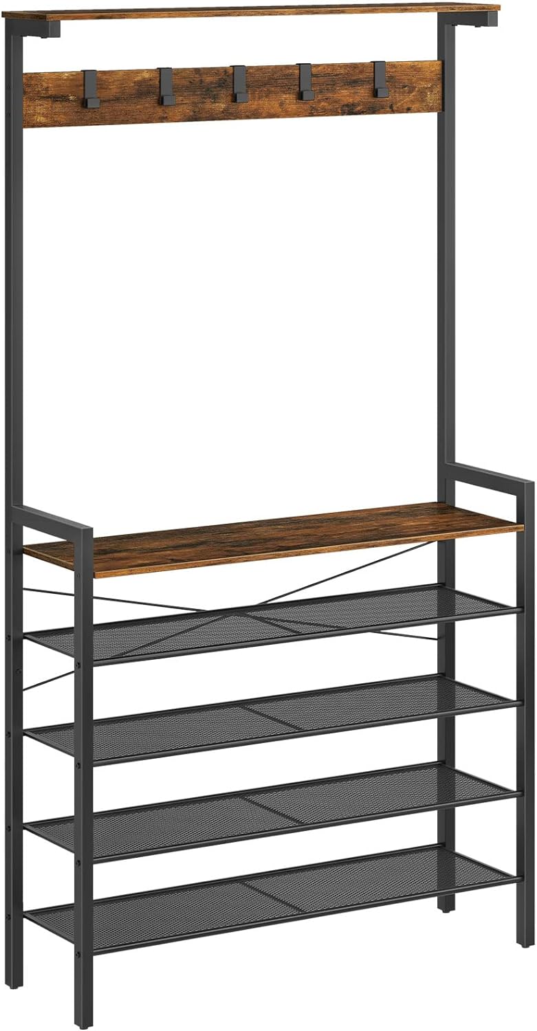 HOOBRO Hall Tree with Bench, Coat Rack with Shoe Storage, Shoe and Coat Rack, 5-Tier Entryway Shoe Storage, 5 Hooks, for 12-16 Pairs, Industrial, Hallway, Foyer, Mudroom, Rustic Brown BF74MT01