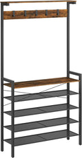 HOOBRO Hall Tree with Bench, Coat Rack with Shoe Storage, Shoe and Coat Rack, 5-Tier Entryway Shoe Storage, 5 Hooks, for 12-16 Pairs, Industrial, Hallway, Foyer, Mudroom, Rustic Brown BF74MT01