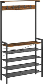 HOOBRO Hall Tree with Bench, Coat Rack with Shoe Storage, Shoe and Coat Rack, 5-Tier Entryway Shoe Storage, 5 Hooks, for 12-16 Pairs, Industrial, Hallway, Foyer, Mudroom, Rustic Brown BF74MT01