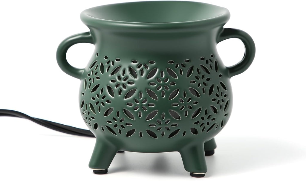 TTJ Ceramic Cauldron Wax Melt Warmer with Love Design, Electric Wax Burner for Home Fragrance, Decorative Candle Warmer with Two Handles, Ideal Gift for Valentine's Day, Wedding, Birthday,Dark Green