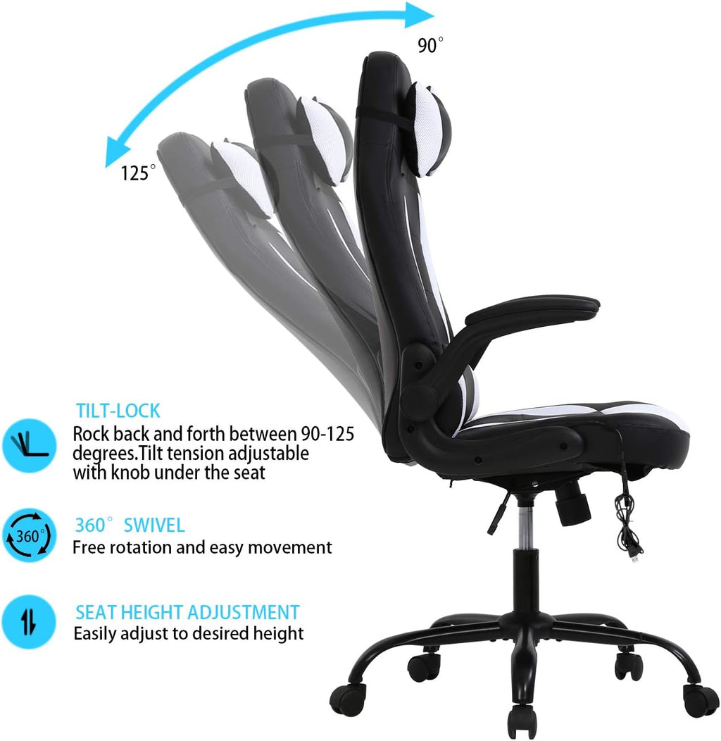 HCB Office Chair, Gaming Chair, Ergonomic Computer Desk Chair High Back Rolling Swivel Height Adjustable with Flip-Up Arms, Headrest and Lumbar Support, Massager, Leather （White）