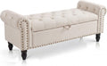 51in Bedroom Storage Bench for End of Bed, Upholstered Ottoman Bench with Button Tufted Design and Rolled Arms, Anti Cotton and Linen Entryway Bench with Safety Hinge for Living Room, Closet, Beige