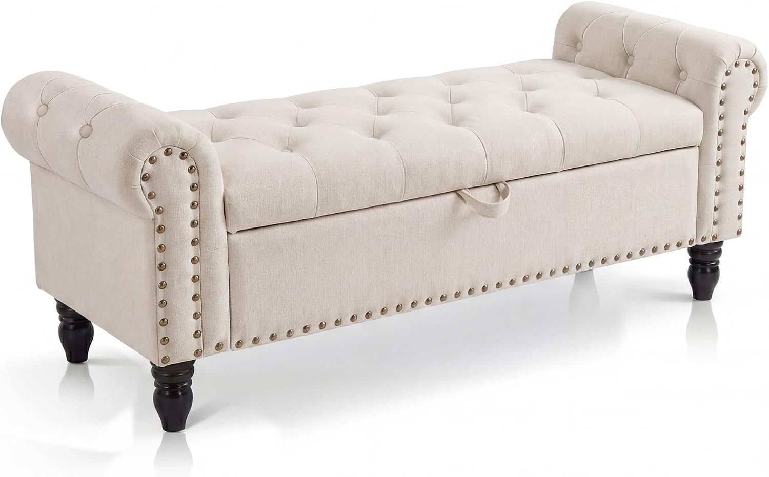 51in Bedroom Storage Bench for End of Bed, Upholstered Ottoman Bench with Button Tufted Design and Rolled Arms, Anti Cotton and Linen Entryway Bench with Safety Hinge for Living Room, Closet, Beige