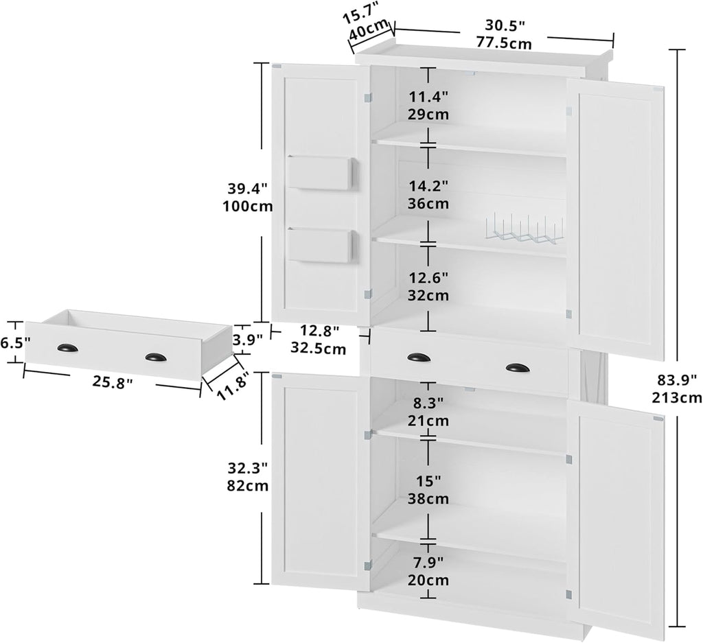 IRONCK Kitchen Pantry Storage Cabinet 83.9" H, with Barn Doors, Drawer, 4 Adjustable Shelves, Freestanding Cupboard for Dining Room Living Room, Laundry, White