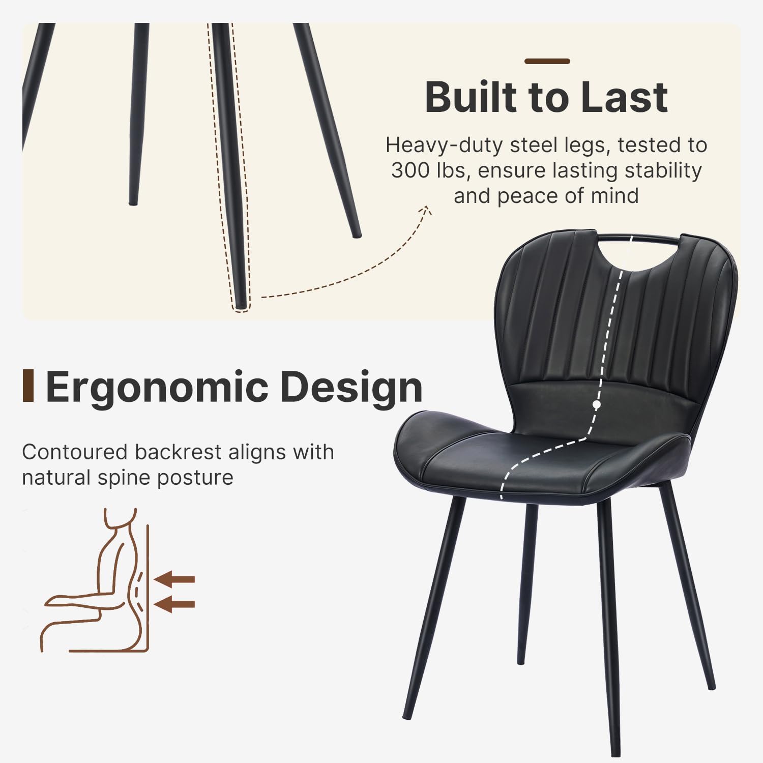 Dining Chairs Set of 4, Modern Faux Leather Kitchen & Dining Room Chairs with Metal Legs, Ergonomic Back Support for Home, Restaurant, Cafe, Black