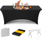 6ft Folding Table with Black Table Cloth Indoor, Foldable Desk with HDPE Tabletop, Safety Locks, Easy to Carry and Store, No-Assembly Outdoor Camping Table for Dining, Party, Picnic, White
