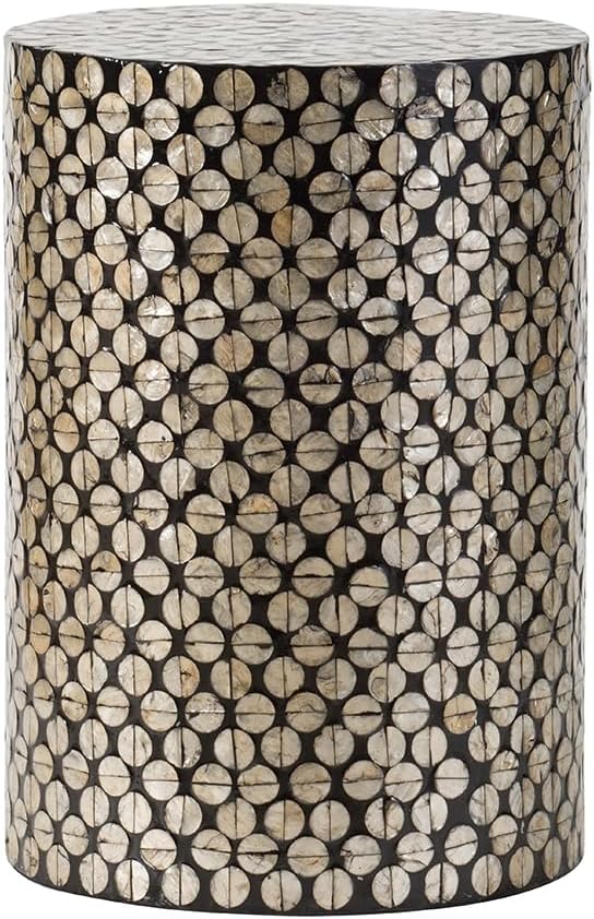 Black & Gold Cylindrical Capiz Stool D14'x20' Art Deco Accent Side Table for Living Room, Bedroom, Outdoor - Elegant & Functional