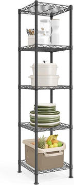 SONGMICS Storage Shelf, Small Metal Wire Shelving Unit, Adjustable Shelves, for Small Spaces, Garage, Bedroom, Living Room, Kitchen, Pantry, 5 Tier, 11.8 x 11.8 x 47.6 Inches, Ink Black ULGR123BH01