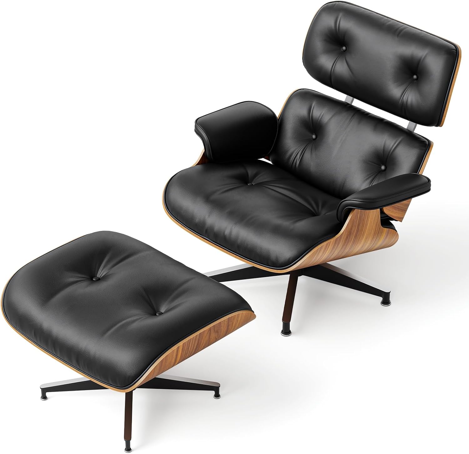 Luxury Top Grain Leather Mid Century Chaise Lounge Chair with Ottoman, Heavy Duty Base Support, Reading Chair, Modern Arm Chair, Leather Accent Chair for Living Room and Office, Walnut