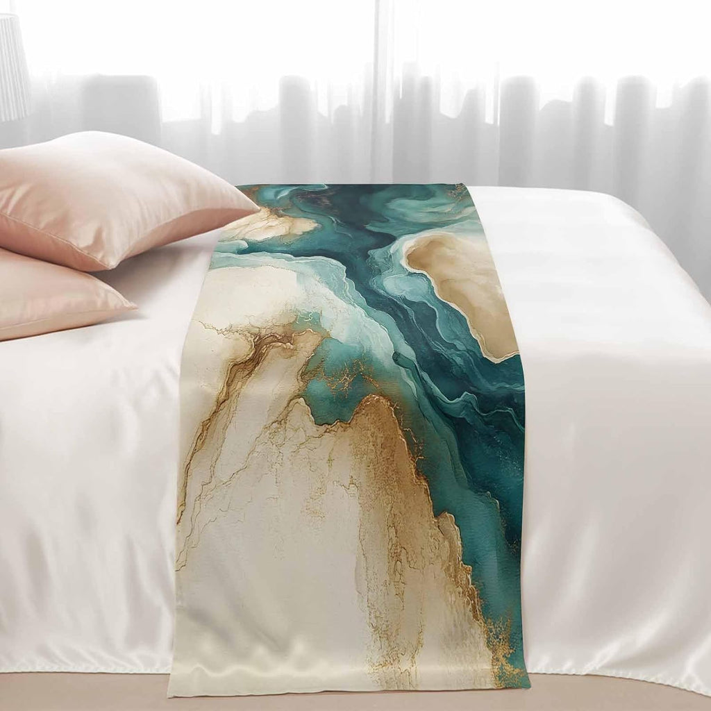 Teal Brown Bed Runners for Queen Size Beds, Decorative Bed Throws for Foot of Beds, Luxury Bedding Protector Slipcover Retro Contemporary Abstract Art Bedrunners & Scarves for Bedroom Hotel, 94"x20"
