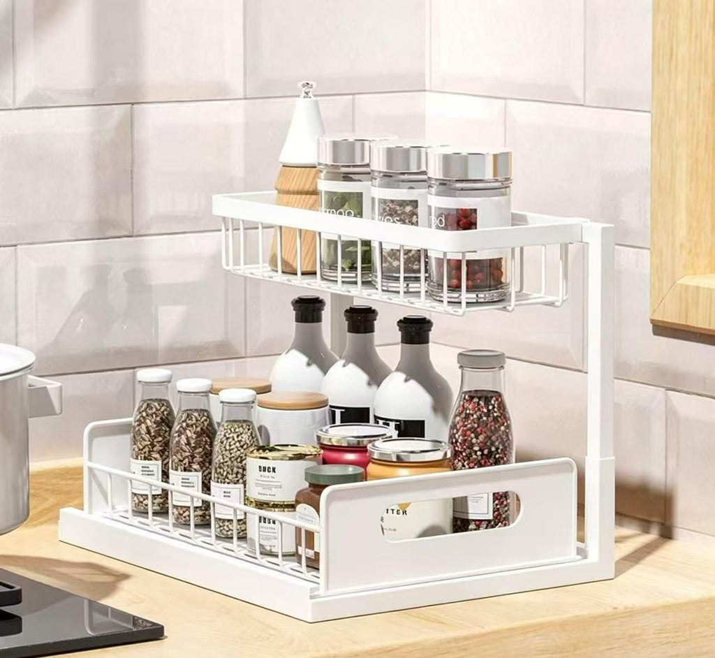 2-Tier Under Sink Organizer with Pull-Out Drawer, Kitchen and Bathroom Storage Rack (White)