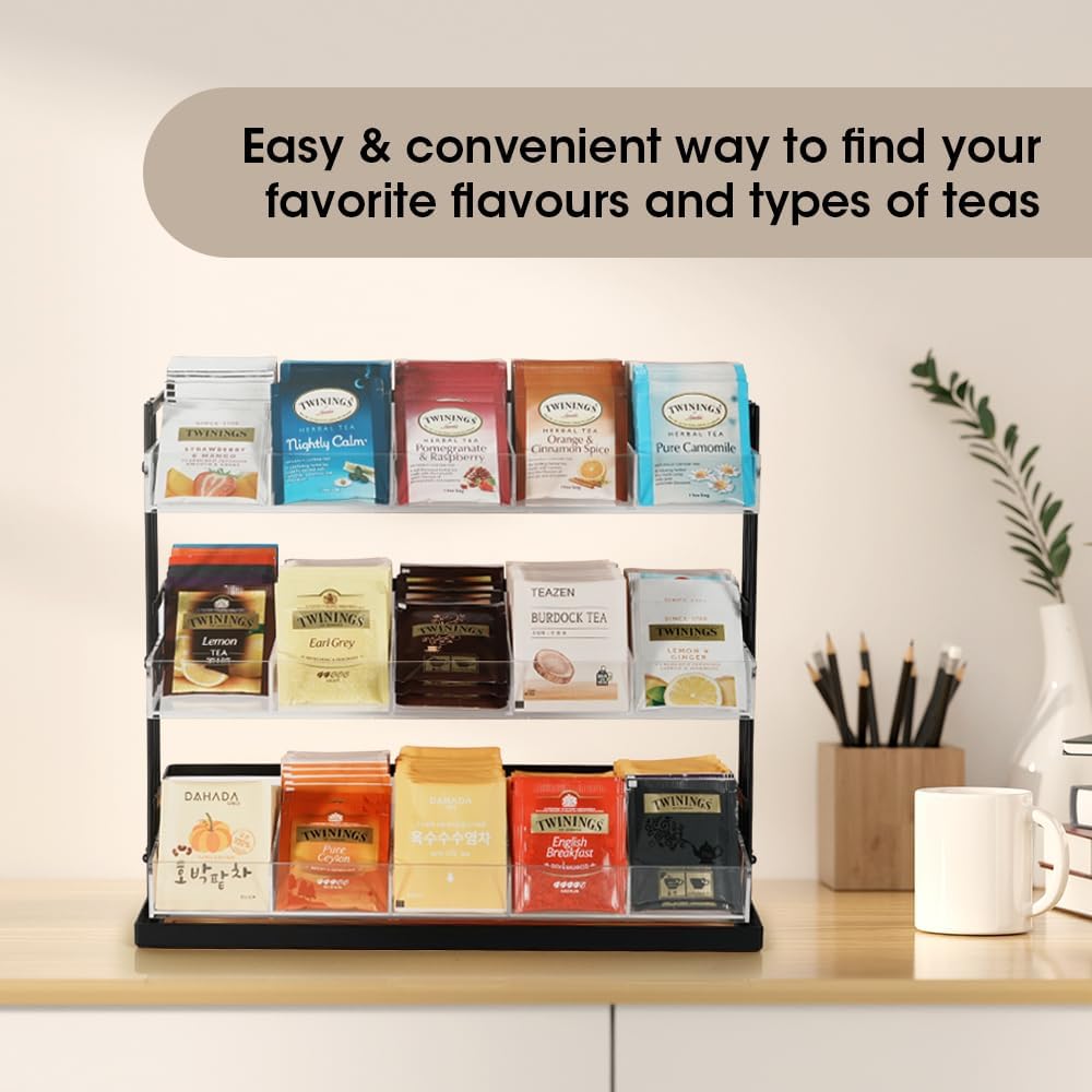 J JACKCUBE DESIGN Tea Bag Organizer Steel and Acrylic 3 Tier, 15 Compartment Tea Bags Sugar Packets Coffee Station Storage Holder for Cabinet Countertop Office (Black)- MK956A