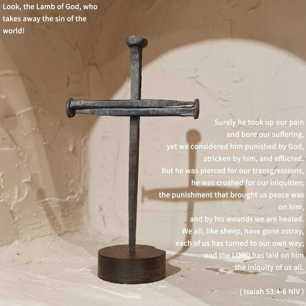 annrose Passion of Jesus Christ Crucifixion Nail Metal Cross,Jesus Christ Tabletop Crucifix,Ordination Gifts,Religious Gifts for Men Women,Religious Fathers Day Gift (Solid Wood Base)