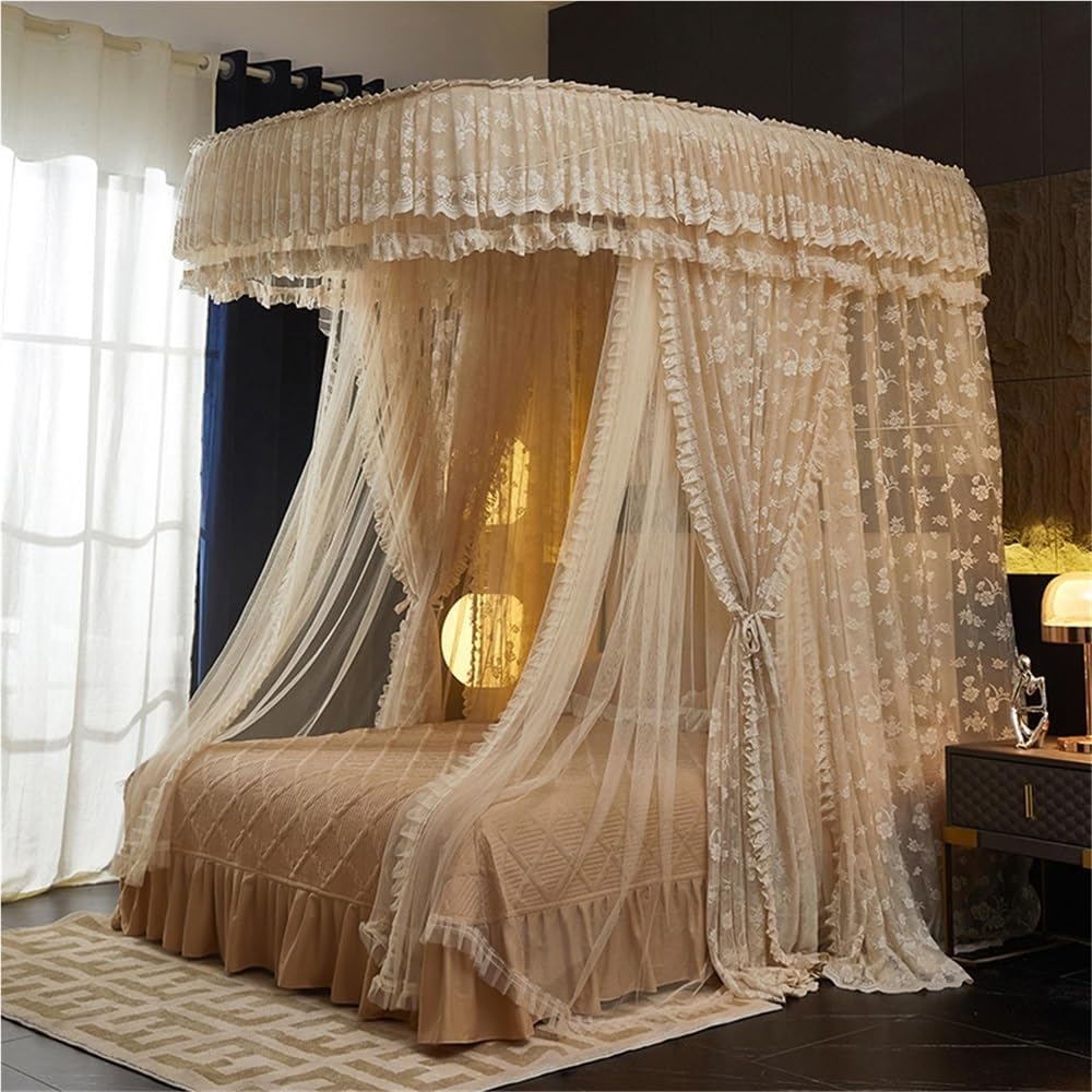 U-Shaped Rail Bed Canopy Curtain, Double Layer Bed Curtain, Princess Bed Canopy, 3 Opening Mosquito Net, Cozy Drape Netting for Bedroom Decoration(Khaki,70.9x86.6in)