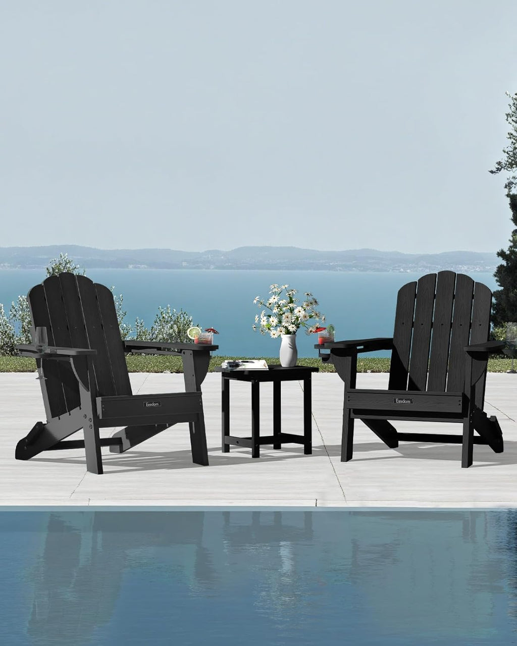 Folding Adirondack Chair, All-Weather HDPE Plastic Patio Chair with 2 Cup Holders, Wooden Textured Lawn Chair, Perfect for Fire Pit,Black