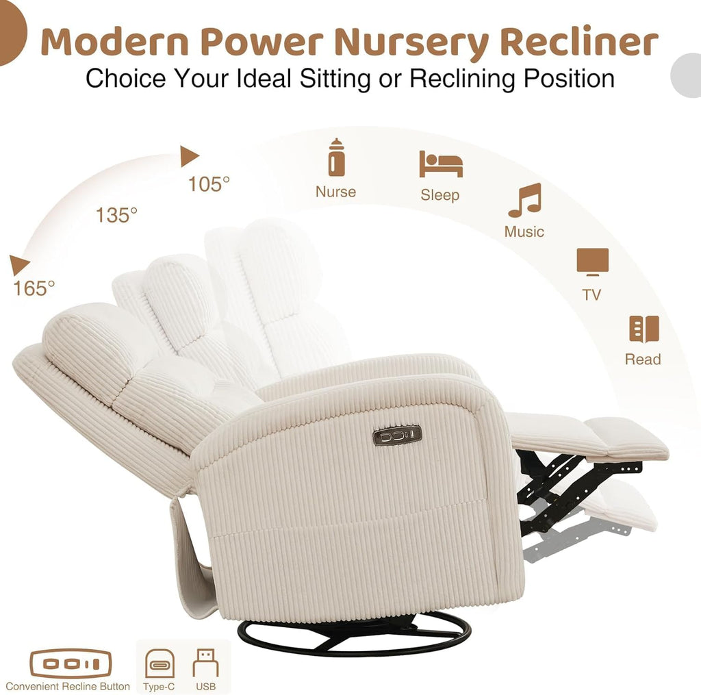 Power Swivel Rocker Recliner Chair,Nursery Glider Recliner,Cream White | 270° Swivel Rocker with Type-C & USB Port Double Pockets,Upholstered Glider Recliner Nursery Chair for Living Room Bedroom
