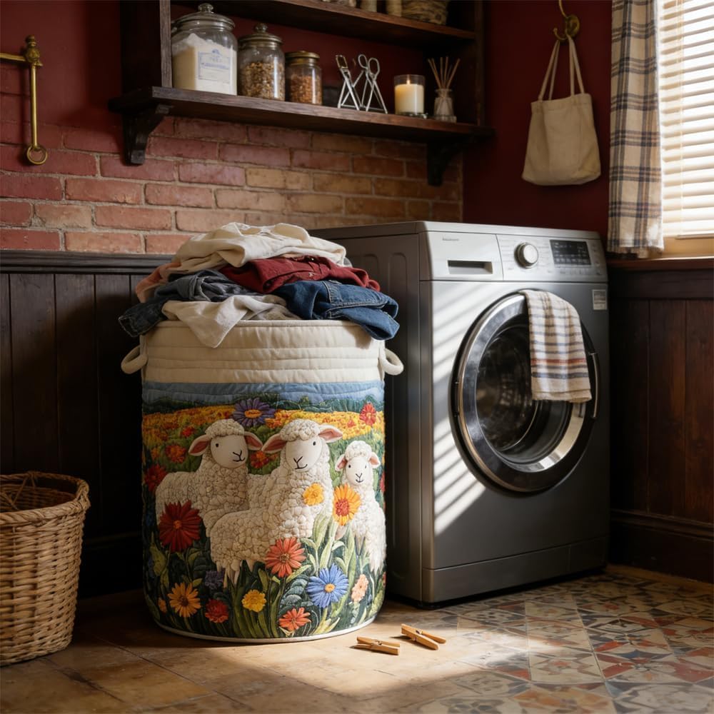 Quilted Laundry Basket with Handles, Collapsible Boho Floral Storage Bin, Large Soft Quilted Basket, Portable Organizer for Clothes, Toys, Blankets, Nursery, Bedroom, Laundry Room (Sunflower, L)