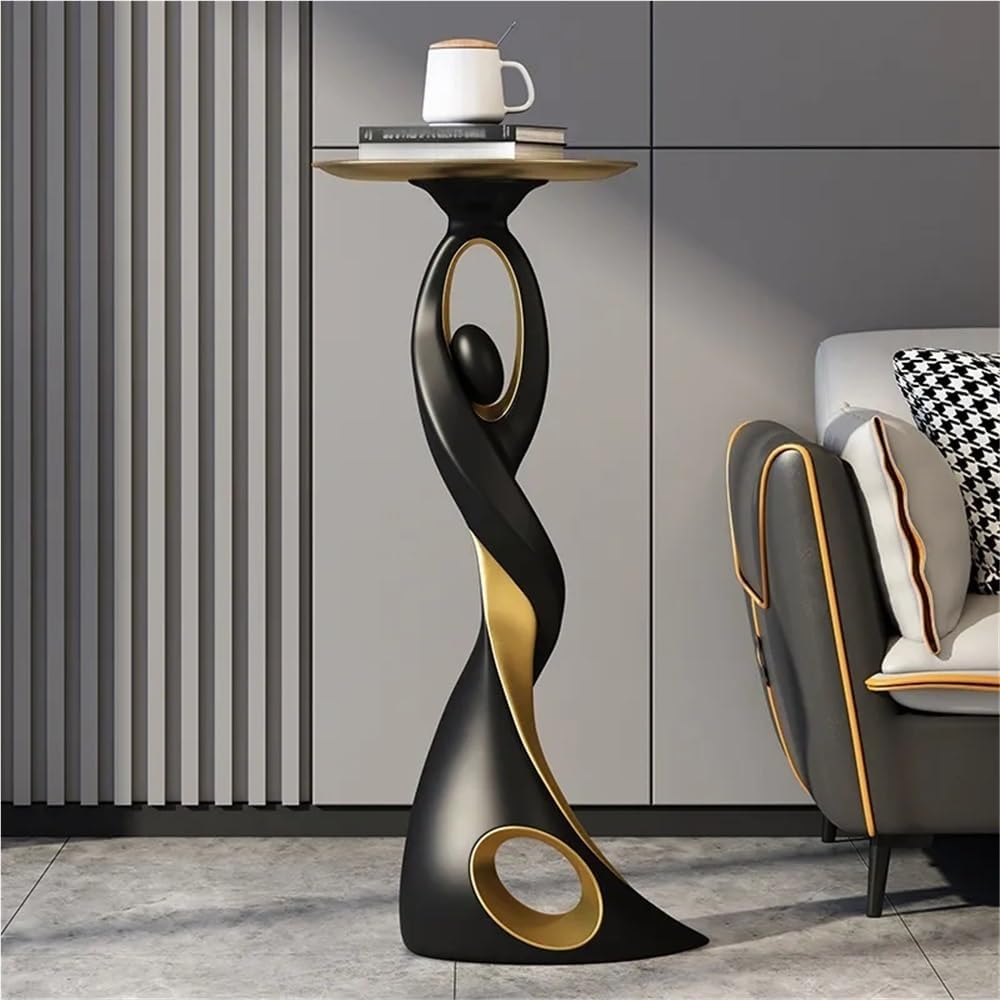 Special Metal End Table with Tray Top, Modern Creative Resin Statue, Floor-Standing Dancing People Sculpture Tray for Living Room(Black)